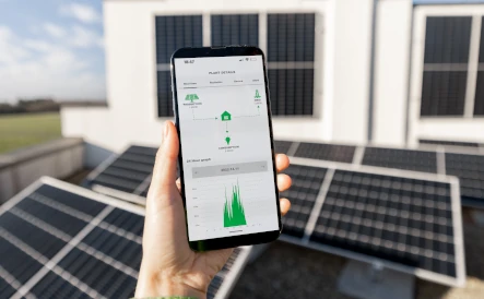 femme tenant son téléphone qui affiche la production des panneaux solaires