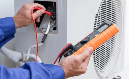 mains tenant un appareil lié à une unité extérieure d'une pac
