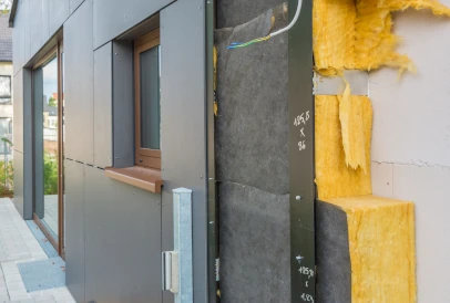 laine de verre sur un mur d'une maison aux murs noirs