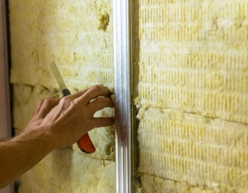 homme installant de la laine de verre sur un mur