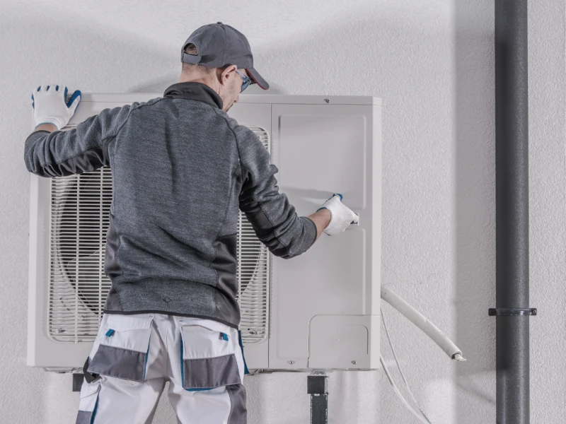 Homme habillé en gris avec une casquette grise qui répare une PAC blanche
