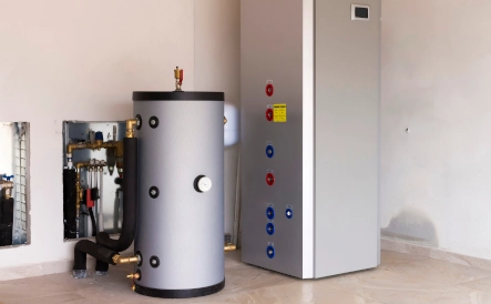 unité intérieure d'une pompe à chaleur blanche sur un mur gris avec une main qui tient la télécommmande