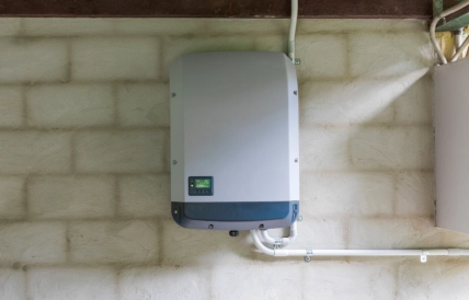 onduleur placé sous des panneaux solaires sous un ciel bleu