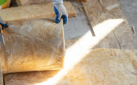 homme avec des gants bleus qui tient de la laine de verre