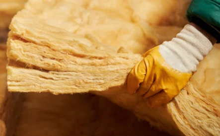 personne portant de la laine de verre avec des gants jaunes