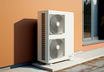 unité extérieure d'une pac sur un mur orangé à coté d'une porte coulissante en verre